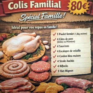 Colis Familial à 80 € de la Boucherie OP à Saint-Julien : poulet fermier, côtes de porc, saucisses, escalopes, cordons bleus, steaks hachés, biftecks et filet mignon