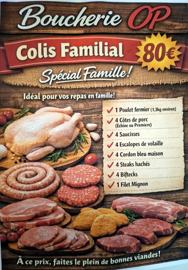 Colis Familial à 80 € de la Boucherie OP à Saint-Julien : poulet fermier, côtes de porc, saucisses, escalopes, cordons bleus, steaks hachés, biftecks et filet mignon