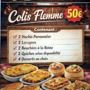 Colis Flemme à 50 € de la Boucherie OP : hachis parmentier, lasagnes, bouchées à la reine, quiches et desserts maison