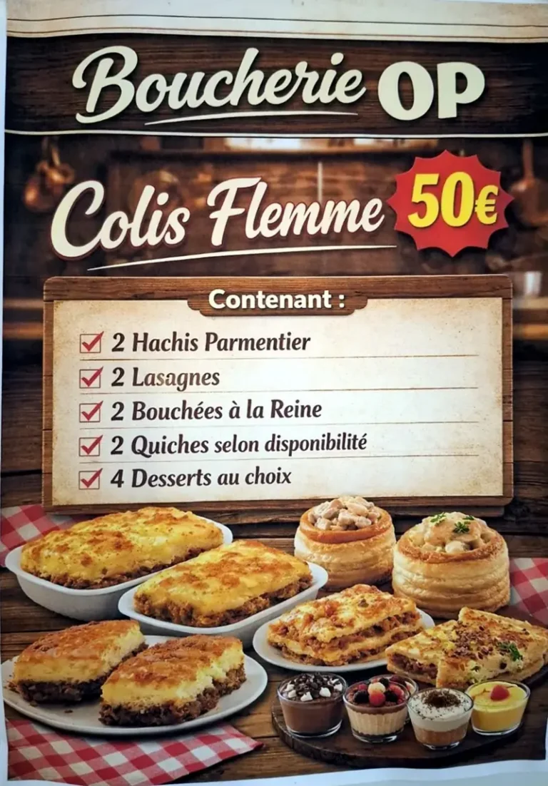 Colis Flemme à 50 € de la Boucherie OP : hachis parmentier, lasagnes, bouchées à la reine, quiches et desserts maison