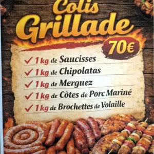 Colis Grillade à 70 € de la Boucherie OP : saucisses, chipolatas, merguez, côtes de porc marinées et brochettes de volaille