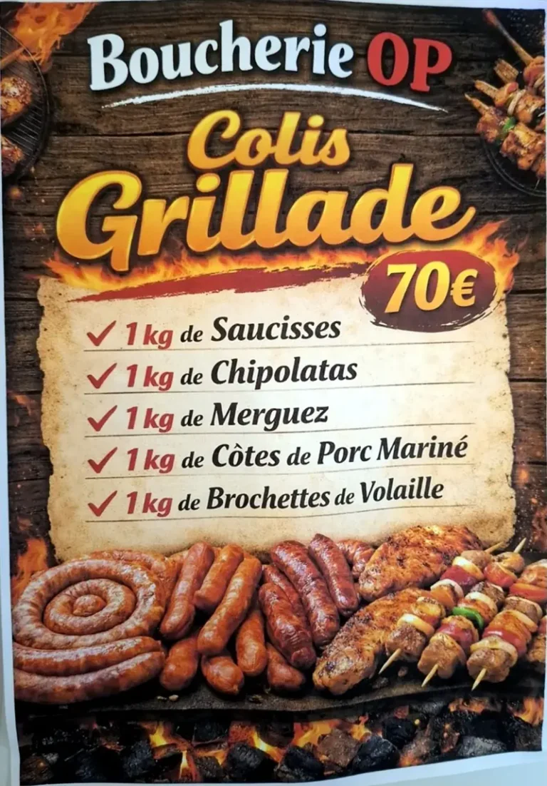 Colis Grillade à 70 € de la Boucherie OP : saucisses, chipolatas, merguez, côtes de porc marinées et brochettes de volaille