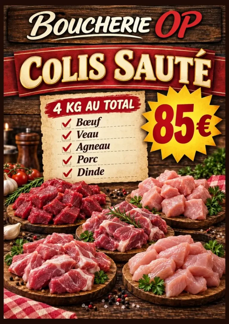 Colis Sauté à 85 € de la Boucherie OP : 4 kg de bœuf, veau, agneau, porc et dinde en morceaux